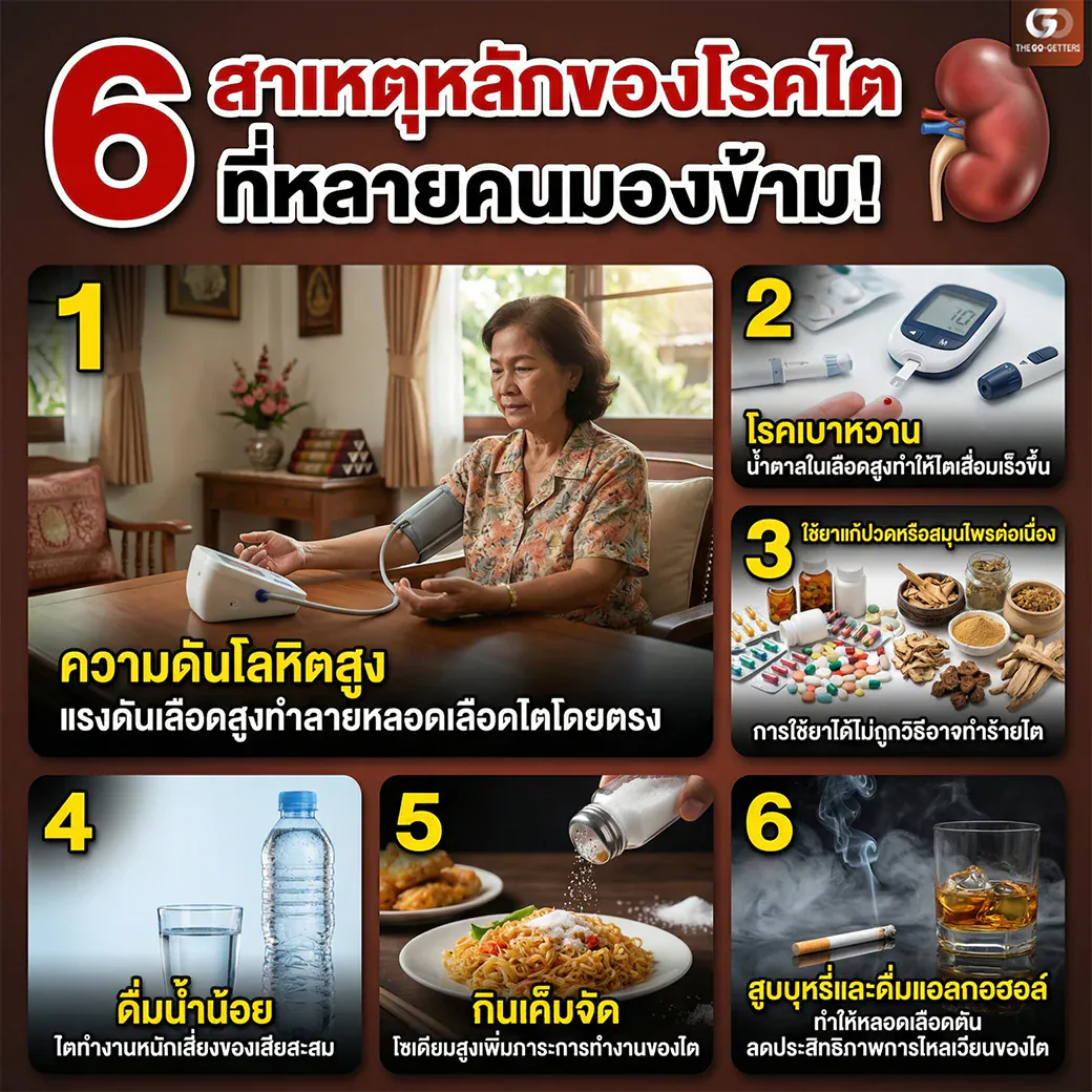 อินโฟกราฟิก 6 พฤติกรรมเสี่ยงต่อสุขภาพไต กินเค็ม ดื่มน้ำน้อย